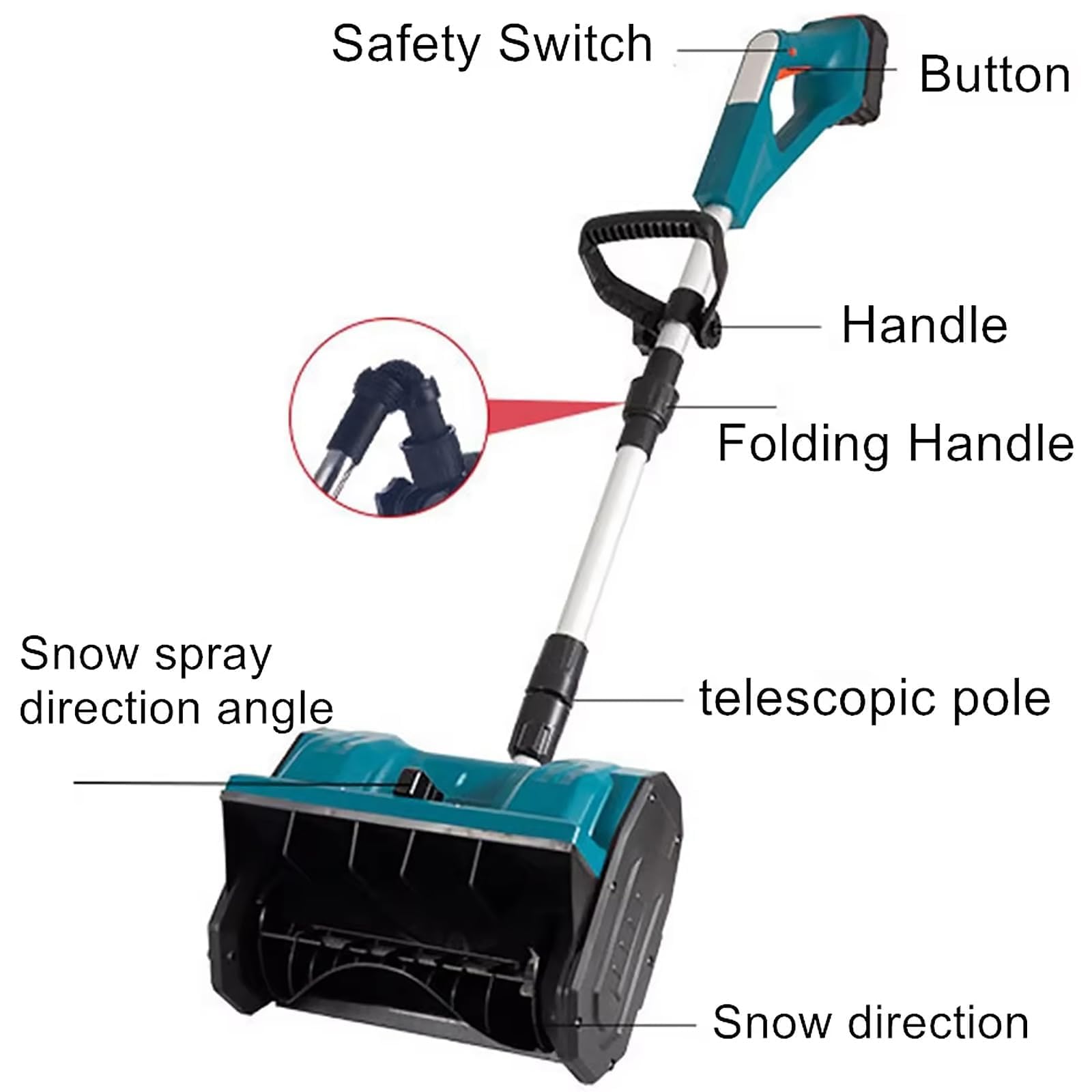 Pala de nieve eléctrica inalámbrica, soplador de nieve de 1200 W con dirección ajustable y mango telescópico, 2 baterías, para entradas y aceras