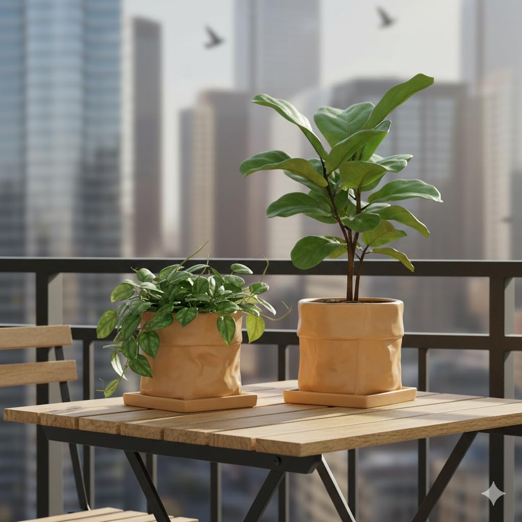 Nihow Keramik-Blumentopf: 20,3 cm Übertopf mit Drainageloch & quadratischer Untersetzer für Kräuter/Pflanzen, Taschenform-Design, Blumentopf für Innen- und Außenbereich, Gartendekoration, Terrakota