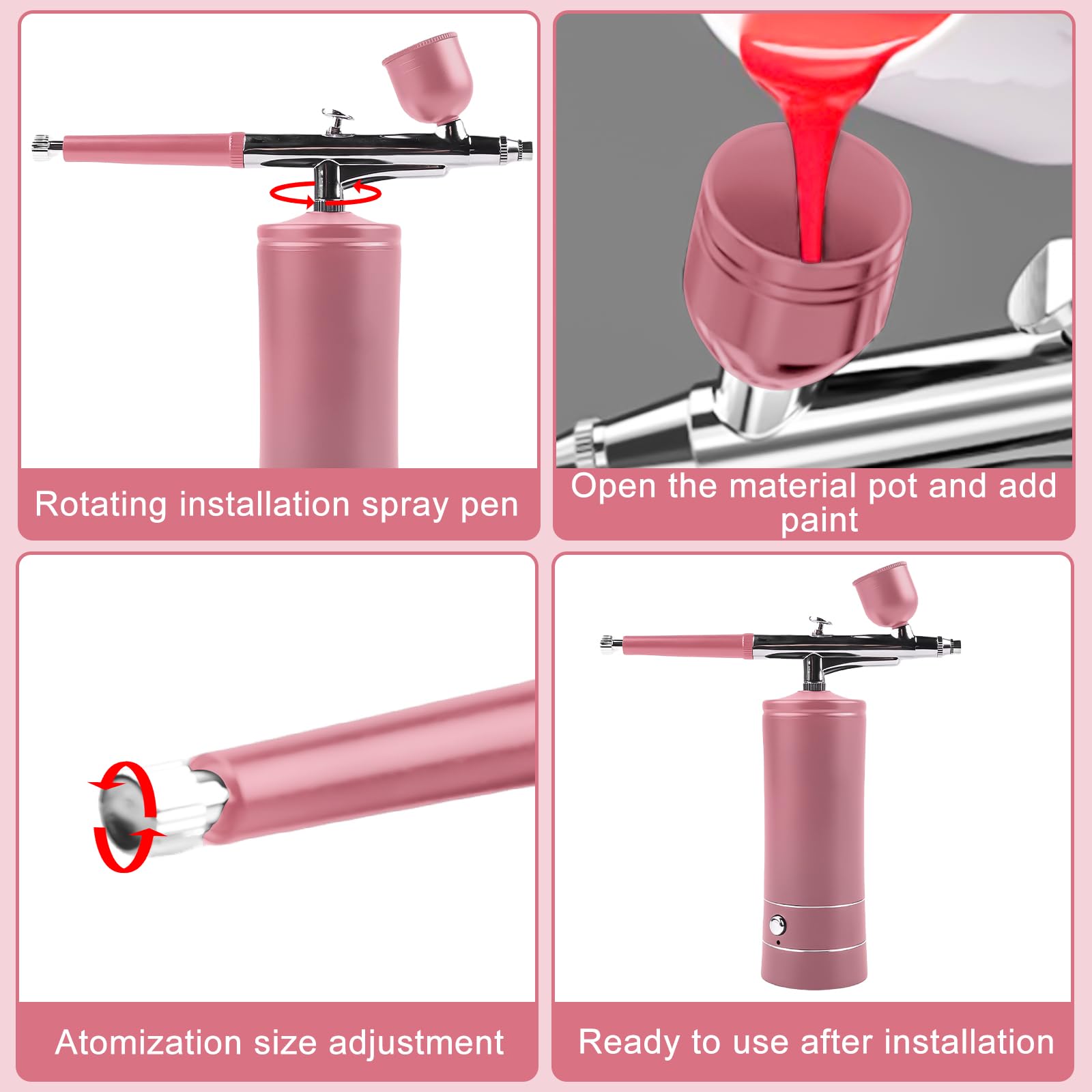 Kit aerografo portatile, pistola a spruzzo portatile ricaricabile con spazzola, mini spazzola ad aria con compressore per nail design, decorazione di torte, trucco, modellazione di tatuaggi (rosa)