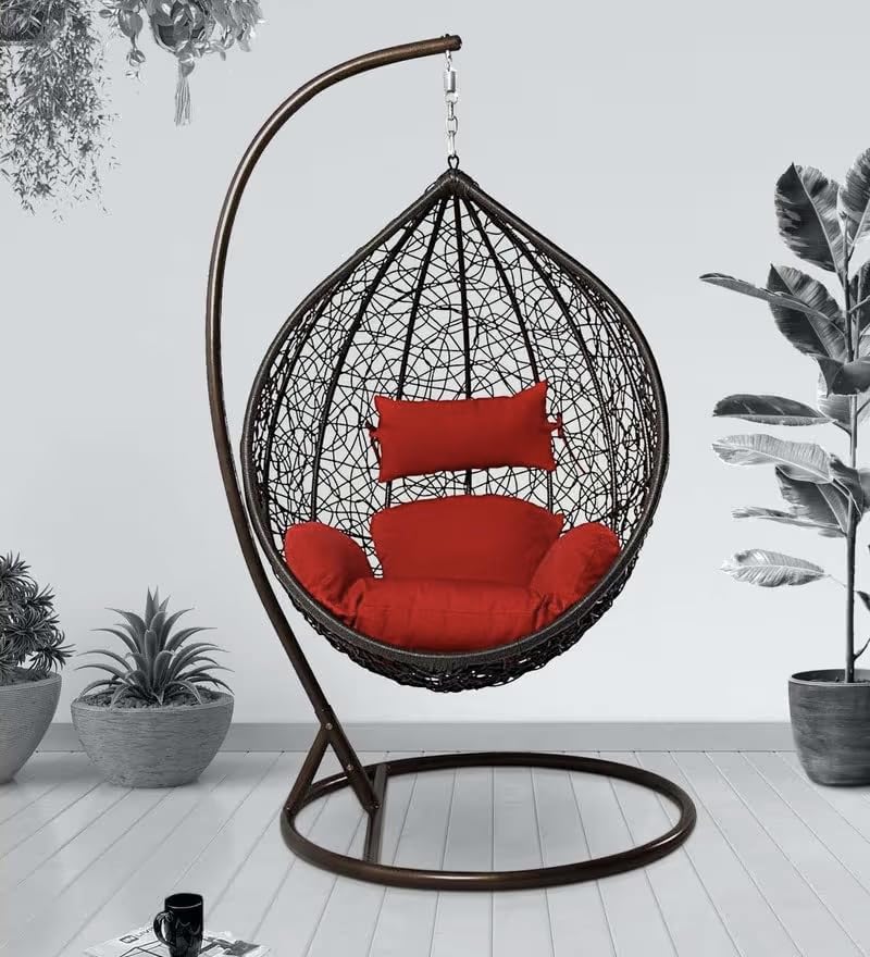 Image of Single Seater Swing Chair with Stand & Cushion Outdoor Indoor Balcony Garden Patio, Powder Coated Frame, UV-Protected Wicker, Premium Cushion, Swing Chair (Black-RED)