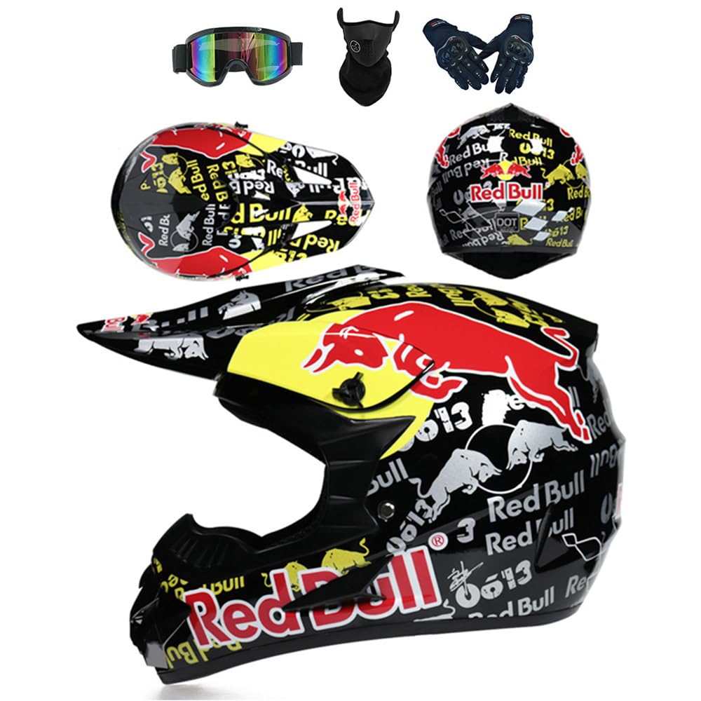 Casco De Motocross para Juvenil Y Adultos, Casco De Motocicleta Juvenil, Casco De Cross, Casco Integral para Todoterreno, Descenso, Certificado Dot con Gafas Máscara Y Guantes