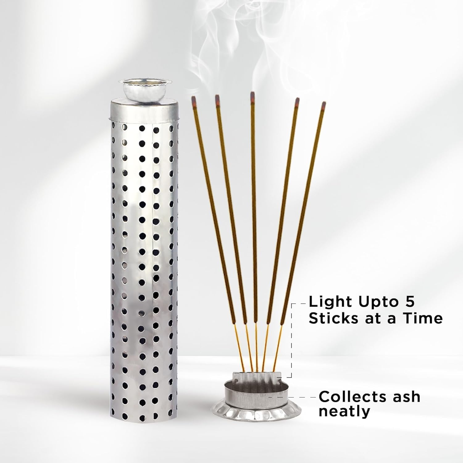 Stainless Steel Agarbatti Holder Stand 1 Pc 25 cm Incense Stick Holder with Ash Catcher | Silver Color Metal Standl | Agarbatti Stand Holder Agarbatti Stand Holder for Pooja Mandir Home Temple