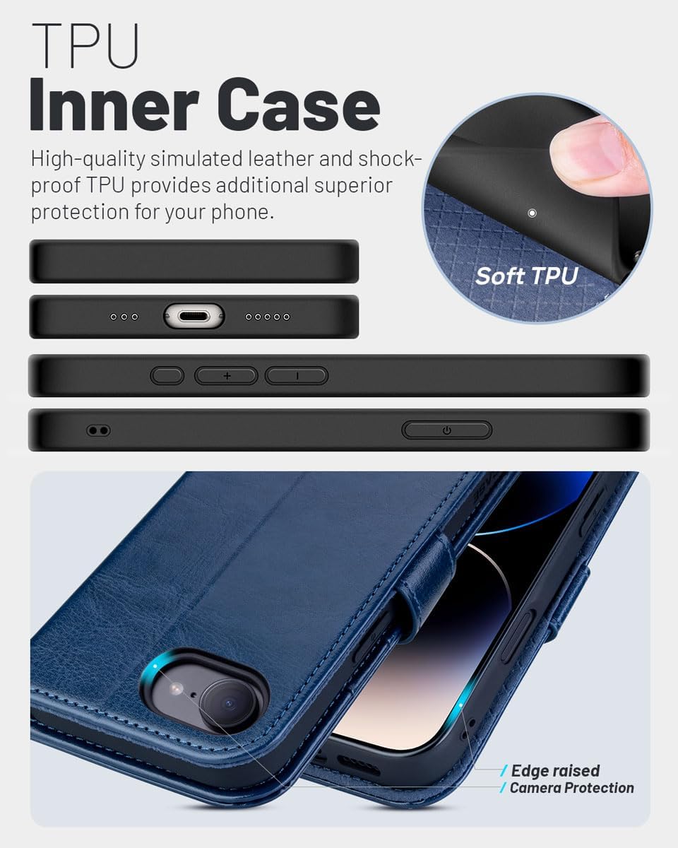 OCASE Compatible with iPhone 16e Wallet Case, PU Leather Flip Folio Case with Card Holders RFID Blocking Kickstand [Shockproof TPU Inner Shell] Phone Cover 6.1 Inch 2025, Blue image 5 of 8 B0DRP225XP