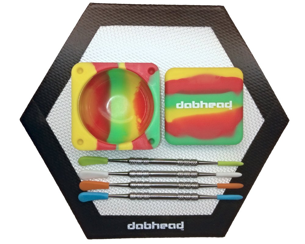 1 Silicone XL 42ml Container + 1 8" Hexagon Mat + 4 tools with removable reusable tips - Non Stick Jar Mat (Black Mat - Red/Green/Yellow Container - Silver Tools)