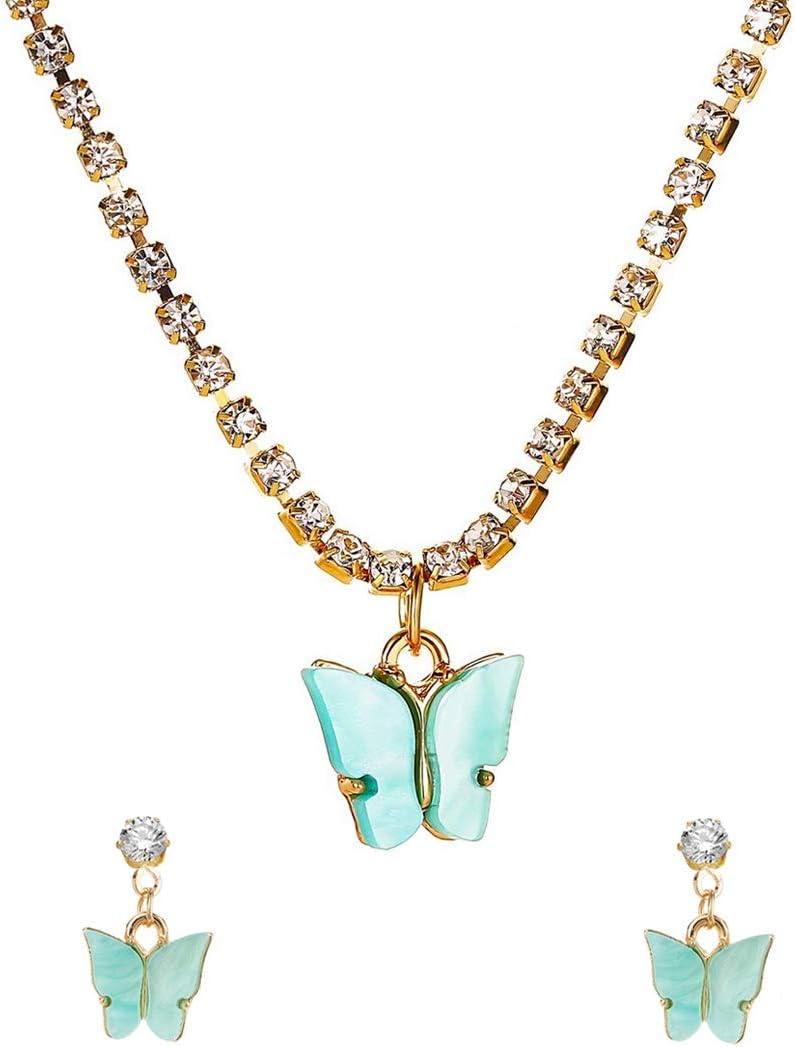 Yellow Chimes Fashion Gold Plated Crystal Studded Butterfly Design Pendant set with Drop Earrings for Women and Girls, gold, blue, medium