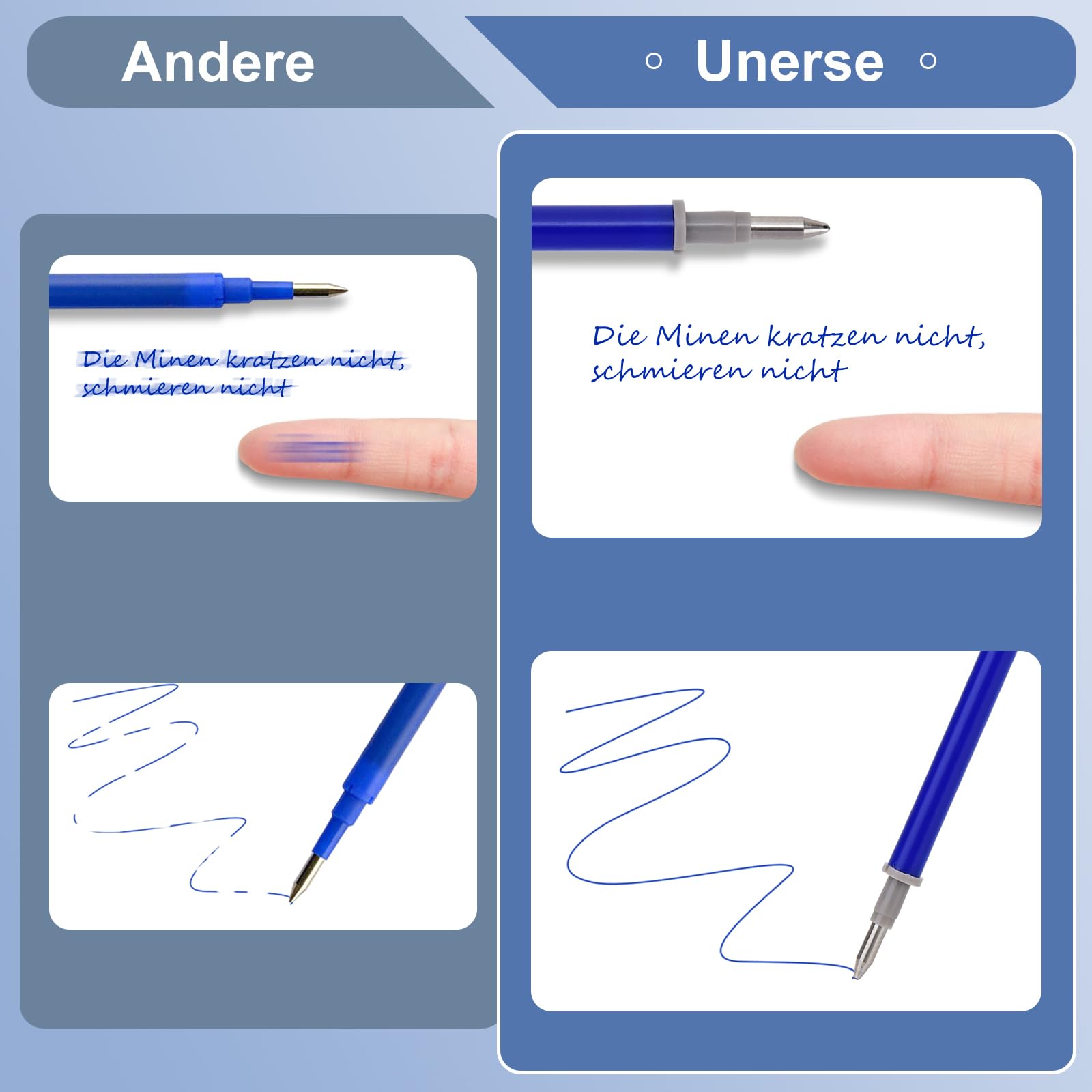 Willingood Refill per Penna Gel Cancellabile,compatibili con Legami,14 Pezzi,Blu, Altezza 13 cm, Inchiostro Termosensibile, Punta 0,7 mm, Particolarmente adatto per la scuola e la vita quotidiana