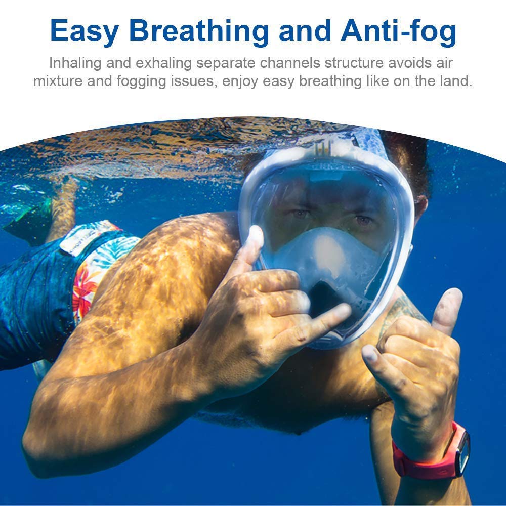 Suney Masque de plongée intégral Pliable à 180 ° avec Support de caméra d'action Amovible, Anti-buée et Anti-Fuite réglable pour Adultes et Enfants L/XL Bleu