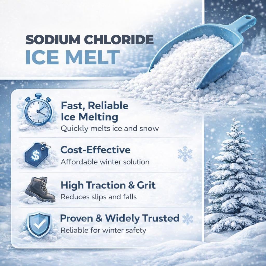 Rock Salt Ice Melt Pail Effective to -25°F, Eco-Friendly De-Icer, Optimal Granule Size for Quick Melting, Ideal for Driveways, Walkways, and Entryways (8 lb)