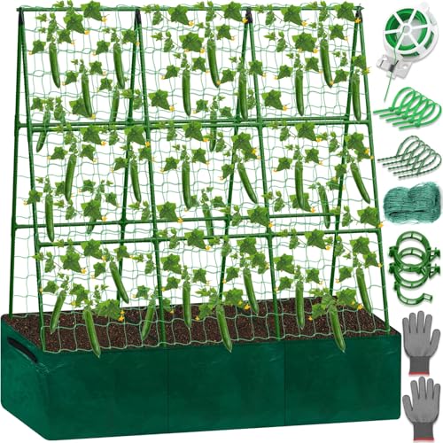 Tidponra Cucumber Trellis for Garden, 50 x 54 Inches A Frame Gardening Trellis with Fabric Raised Garden Bed, Climbing Net and Plant Support Clips for Climbing Plants