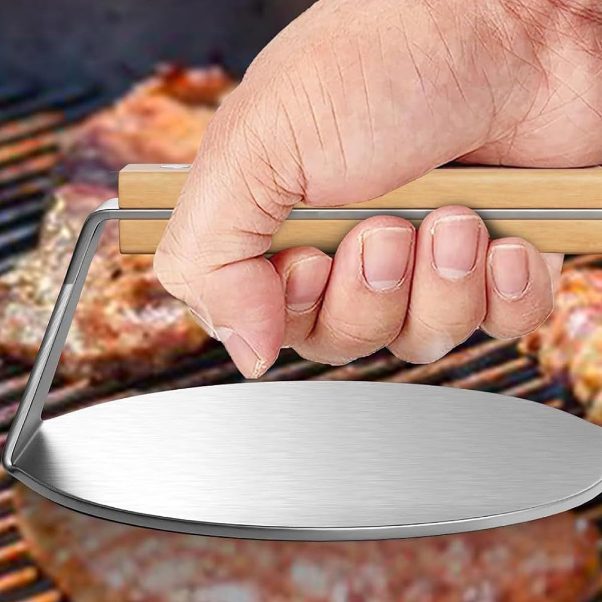 Happyyami Prensa para Hamburguesas Acero Inoxidable Mango de Madera Prensador Manual Molde Redondo para Hamburguesas Caseras Aplastador Cocina Fácil Uso