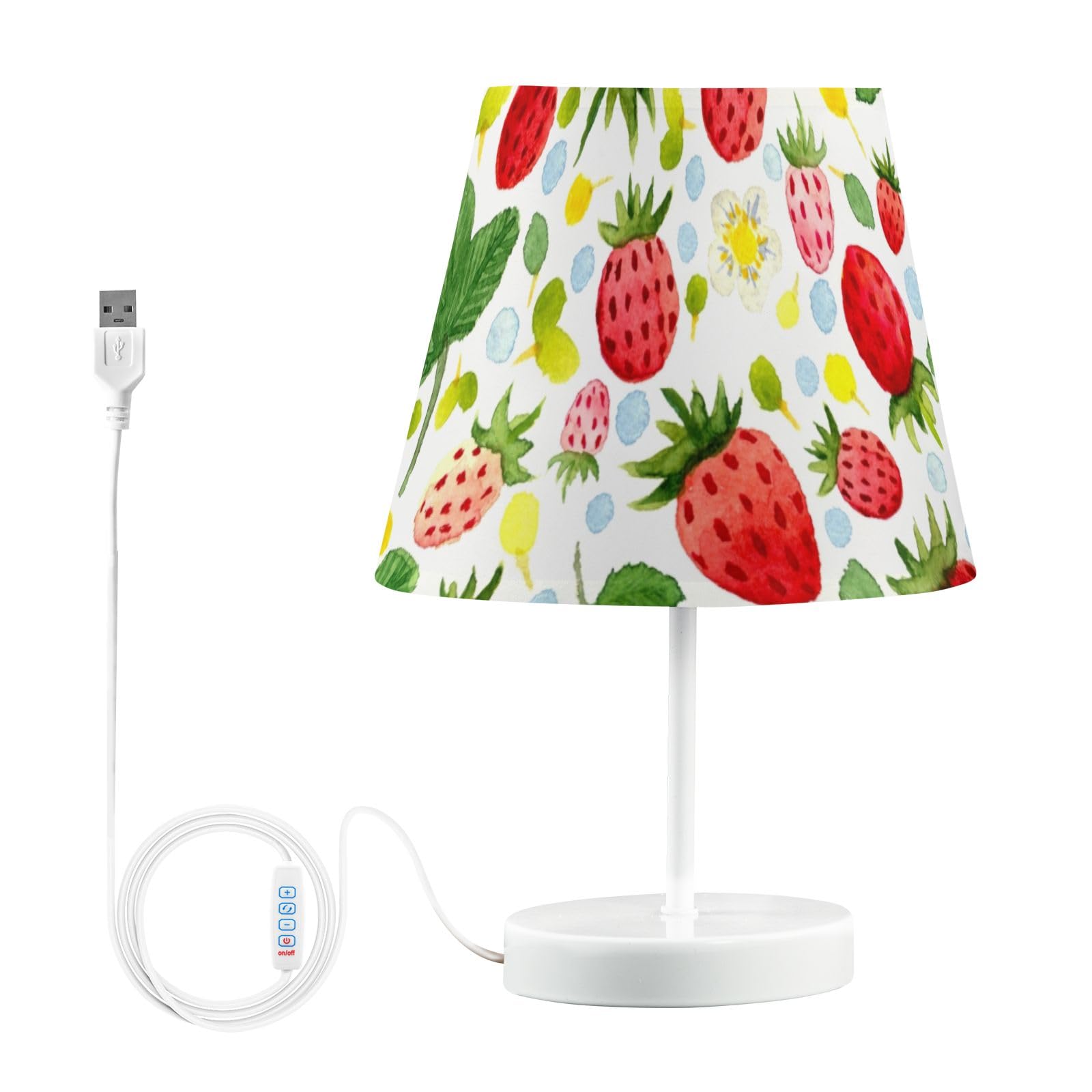 Reiacy Strawberries Fruits Green Leaf Bedside Table Lamp for Bedroom Nightstand Lamp with USB Port Night Light with Fabric Shade for Bedroom Kids Room Desk Dorm Office