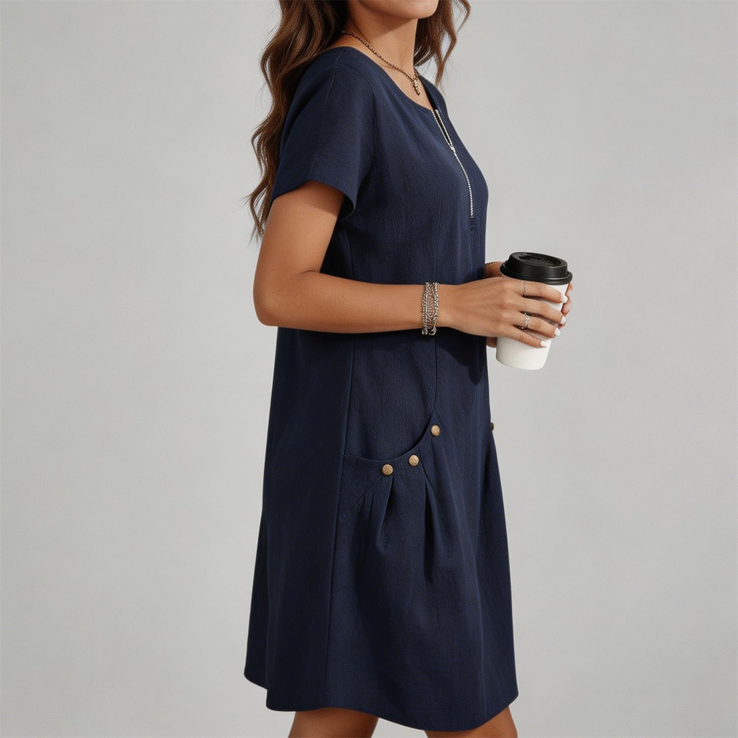 Vestido de algodón y Lino para Mujer con Bolsillos con Cremallera, diseño Casual de línea A en Color Liso y Cuello Redondo, Manga Corta con Bolsillo, Vestido de Verano Casual