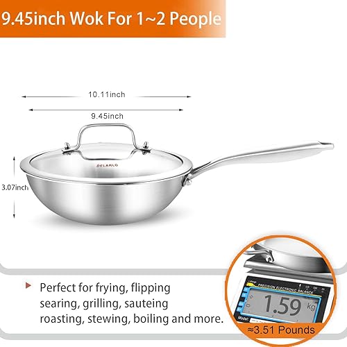 Miniatura 2 de DELARLO Wok de acero inoxidable de tres capas de cuerpo entero de 9.45 pulgadas, sartén profunda de cocina, sartén pequeña con tapas, mini wok