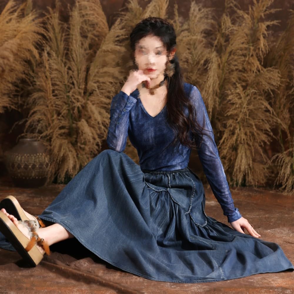 TatbUL Gonne da Donna,Gonna di Jeans con Cuciture A Fiore di Loto retrò da Donna Blu Scuro Gonna Midi A Pieghe A Vita Alta Boho Etnico Distressed Denim Lavato A-Line Gonne Lunghe per Ragazze Signore