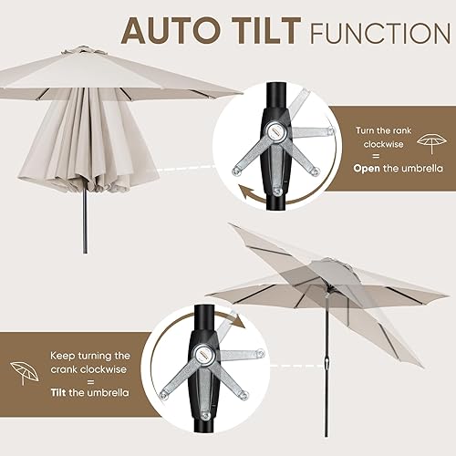 Miniatura 2 de Tempera - Sombrilla de jardín de 10 pies con inclinación automática y función de manivela, 8 varillas de acero