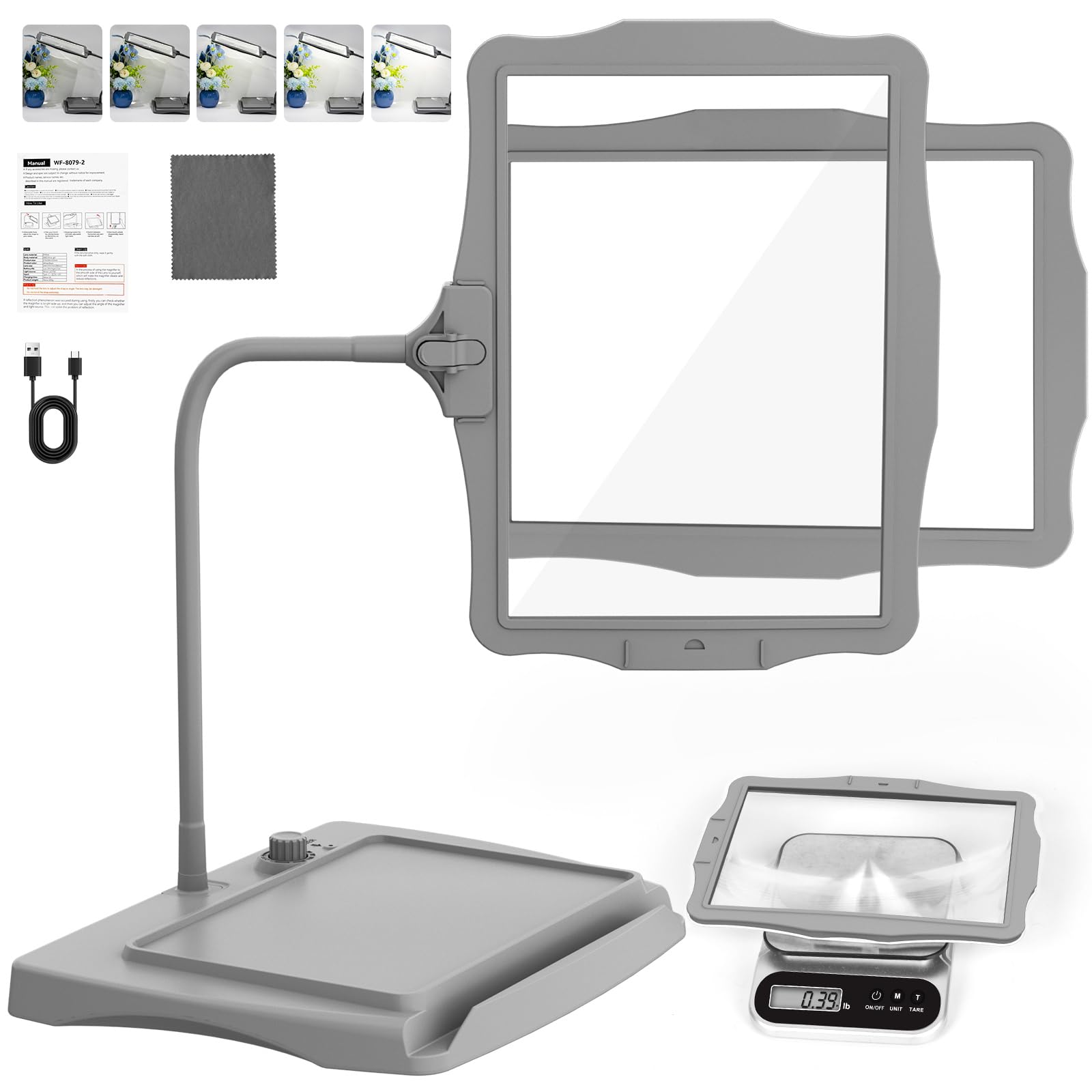 10X Rechargeable Magnifying Glass with Light and Stand, 50 LED Stepless Dimmable, Detachable Gooseneck Magnifying Lamp, Hands-Free Full Page Magnifier for Reading, Crafting, DIY, Close Work - Grey