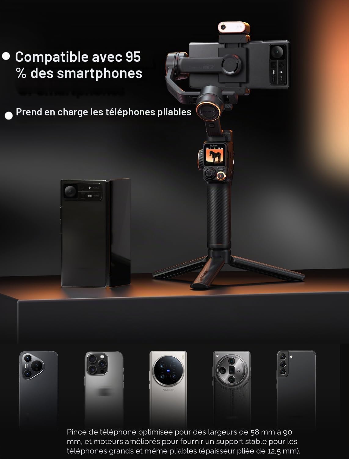 hohem iSteady M7 Stabilisateur de cardan pour iPhone, cardan de téléphone à 3 axes avec lumière magnétique de remplissage de traceur d'IA, télécommande amovible pour écran tactile, barre