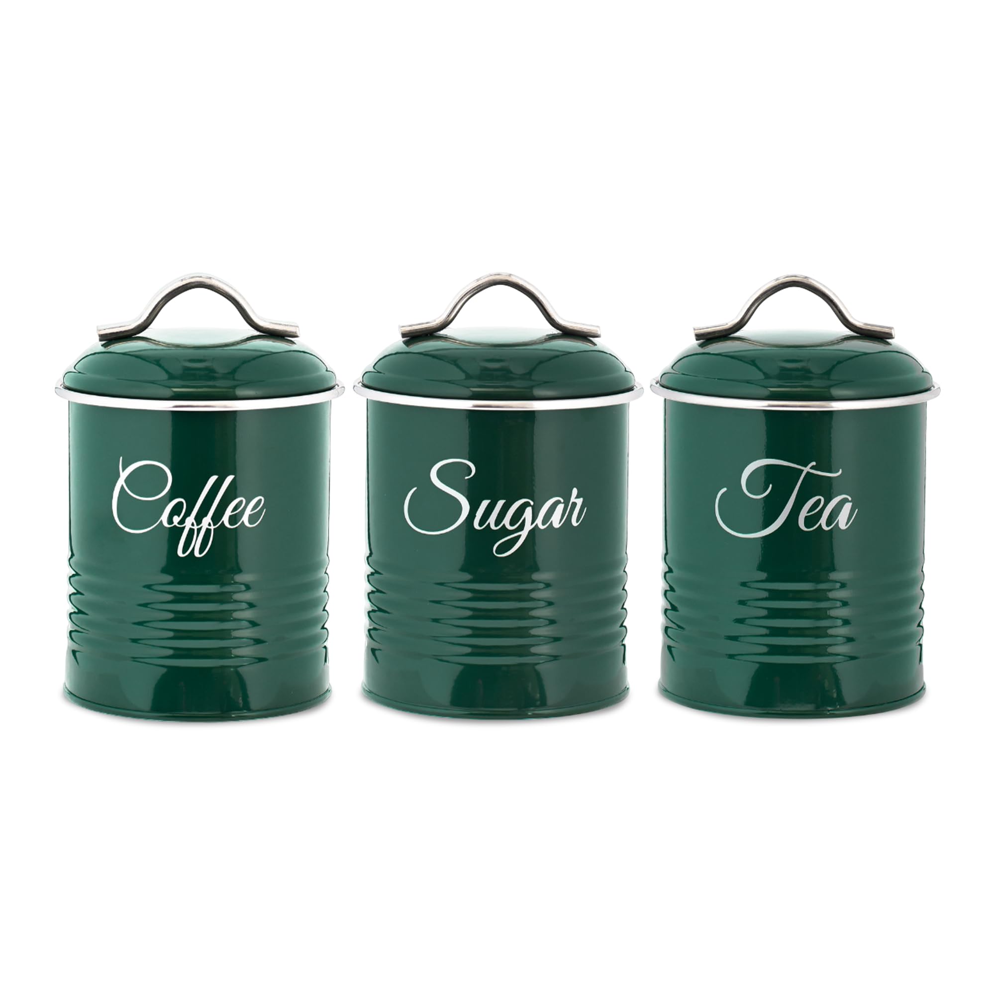 Innoteck Tea Coffee Sugar Canister Set - Set of 3 Kitchen Canister Sets with 1.3L Capacity, Food-Grade Metal Kitchen Food Storage with Airtight Lids, Tea Coffee & Sugar Tins for Organising, Green