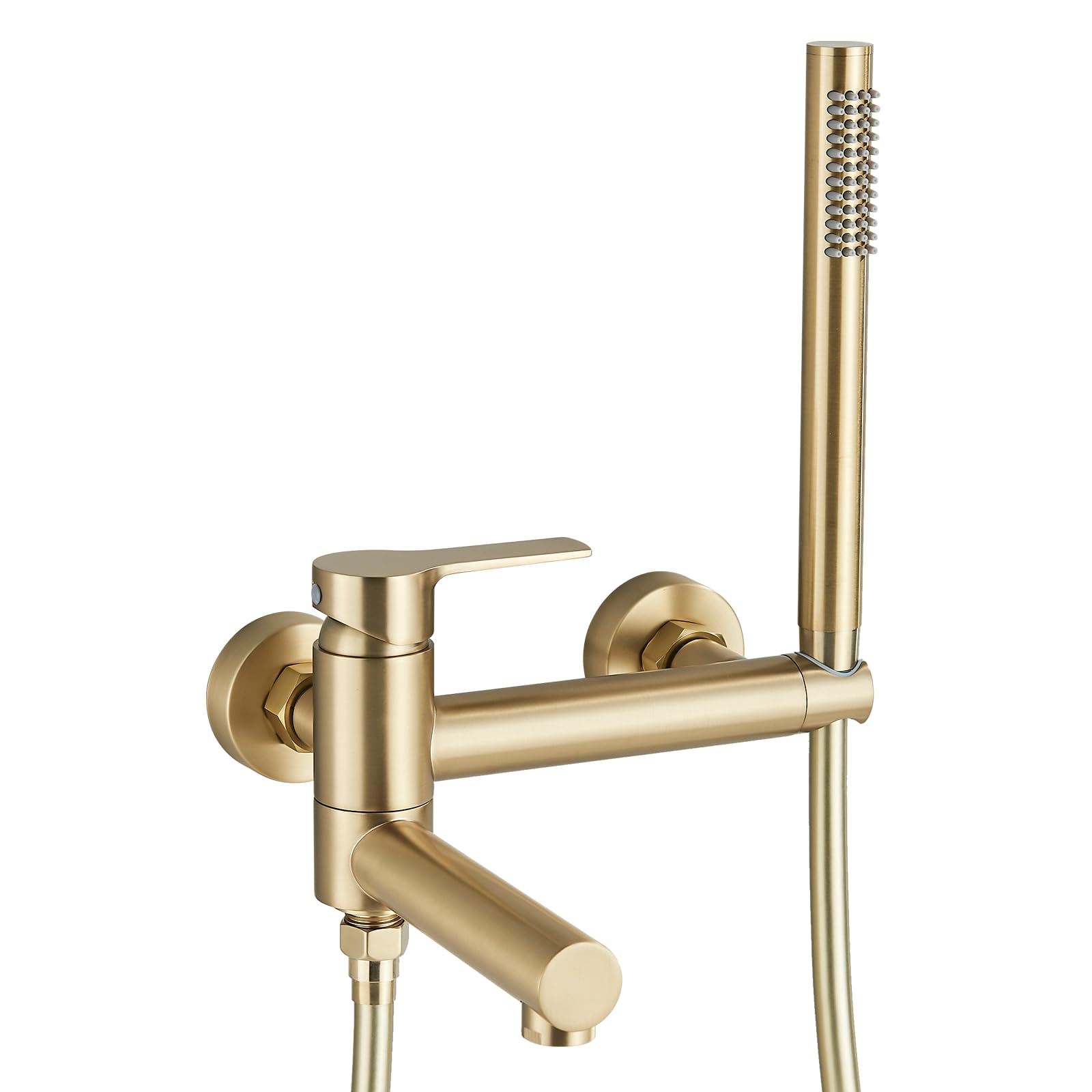 Grifo monomando para bañera de pared, color dorado cepillado, 2 funciones, monomando de ducha con ducha y boquilla giratoria de 90 °, acero inoxidable