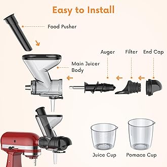Masticating Juicer Attachment for KitchenAid Stand Mixer, Cold Pressed Juicer Machine,Slow Masticating Juicer Attachment with Dual Feed Chute and Pusher