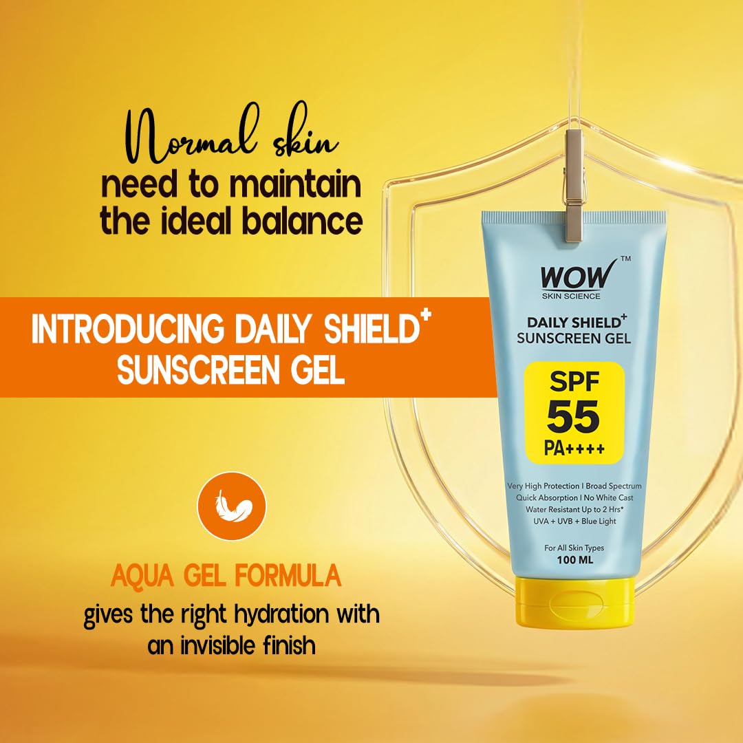 WOW Skin Science Daily Shield+ Sunscreen Gel SPF 55 PA++++ | Broad Spectrum UVA UVB & Blue Light Protection | Lightweight Gel, No White Cast | Water Resistant up to 2 Hrs | For All Skin Types | 100 ml 2