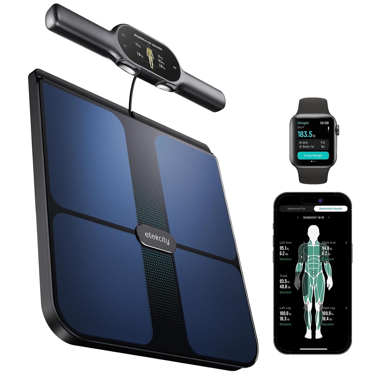 Etekcity WiFi 8-Electrode Smart Scale for Body Weight and Fat | Body Composition Scale with Color Handle Display, 50+ Metrics, 5-Segment Analysis, WiFi Auto Sync and USB-C Charging