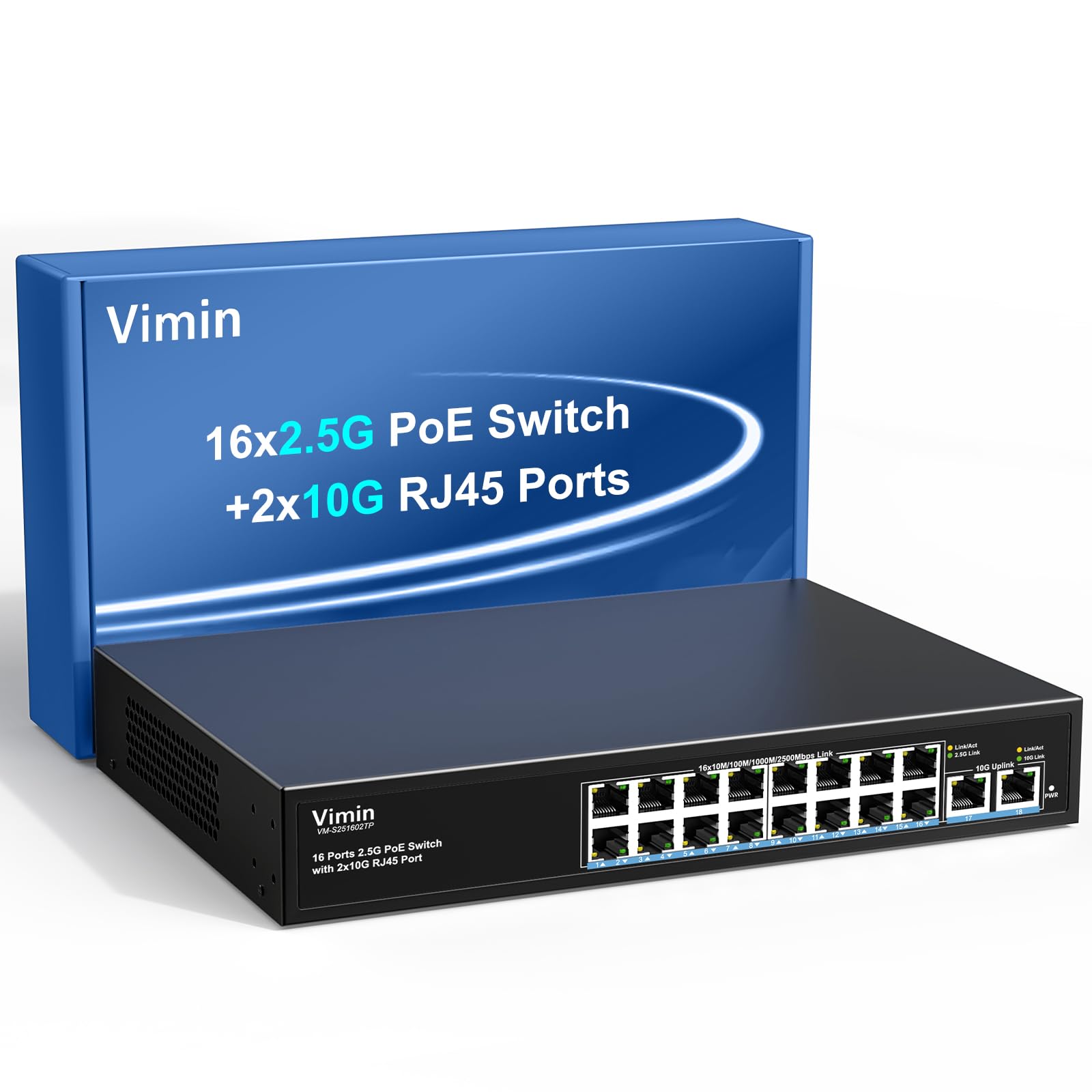 Photo 1 of 18 Port 10G/2.5G Ethernet Switch with Dual 10GBASE-T, Vimin 16 X 2.5G +2 x 10Gb RJ45 Ports Unmanaged Switch, 80Gbps Capacity, 10G Switch Desktop/Wall Mount Network Switch for NAS, PC, Wireless AP