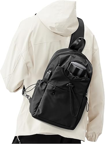 Black Sling Crossbody Bag for Men Women, Tactical Backpack Shoulder Daypack Mini Anti-Theft Motorcycle Chest Bags, Small One Strap Backpack for