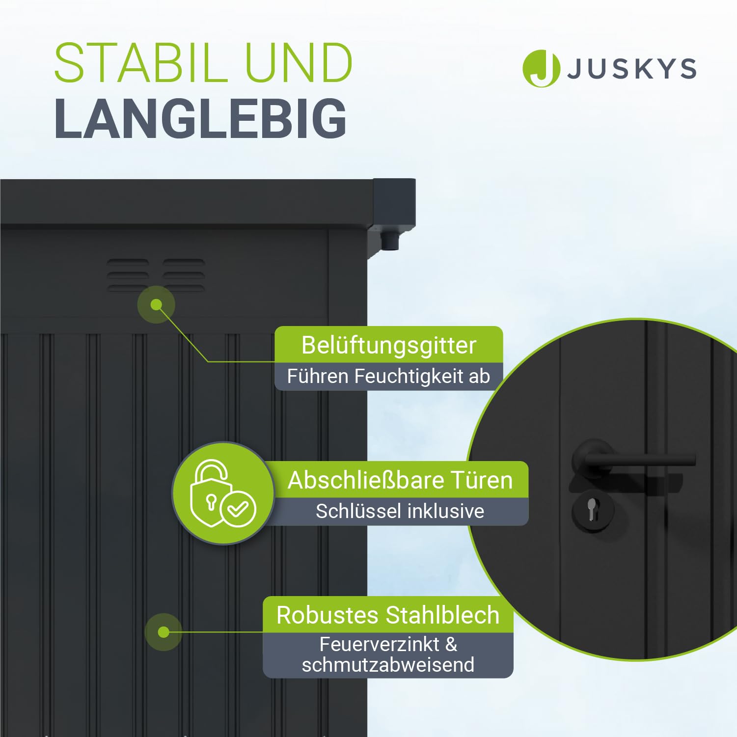 Juskys® Gerätehaus Luzern L - 7,8 m² - Metall Geräteschuppen mit Türen & Fenstern - wetterfest & abschließbar - Fahrradgarage, Gartenhaus - Anthrazit