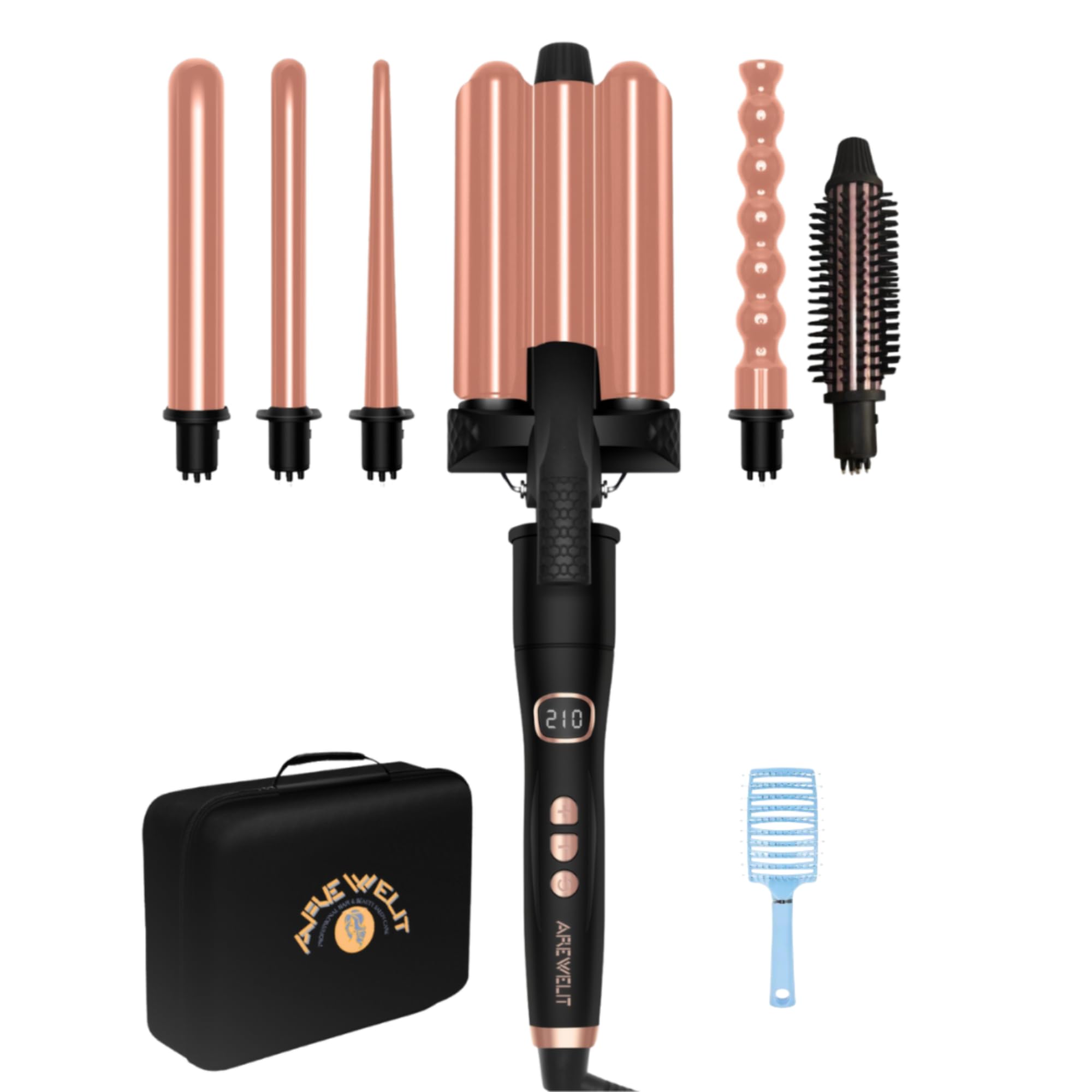 6 in 1 Multistyler Curling Iron Set w/Tangle-Free 3D Floating Based Curling Brush - Tourmaline Ceramic Ionic Hair Styling Tools - Curling Wands Curler Straightener Volumizer 3 Barrel Waver