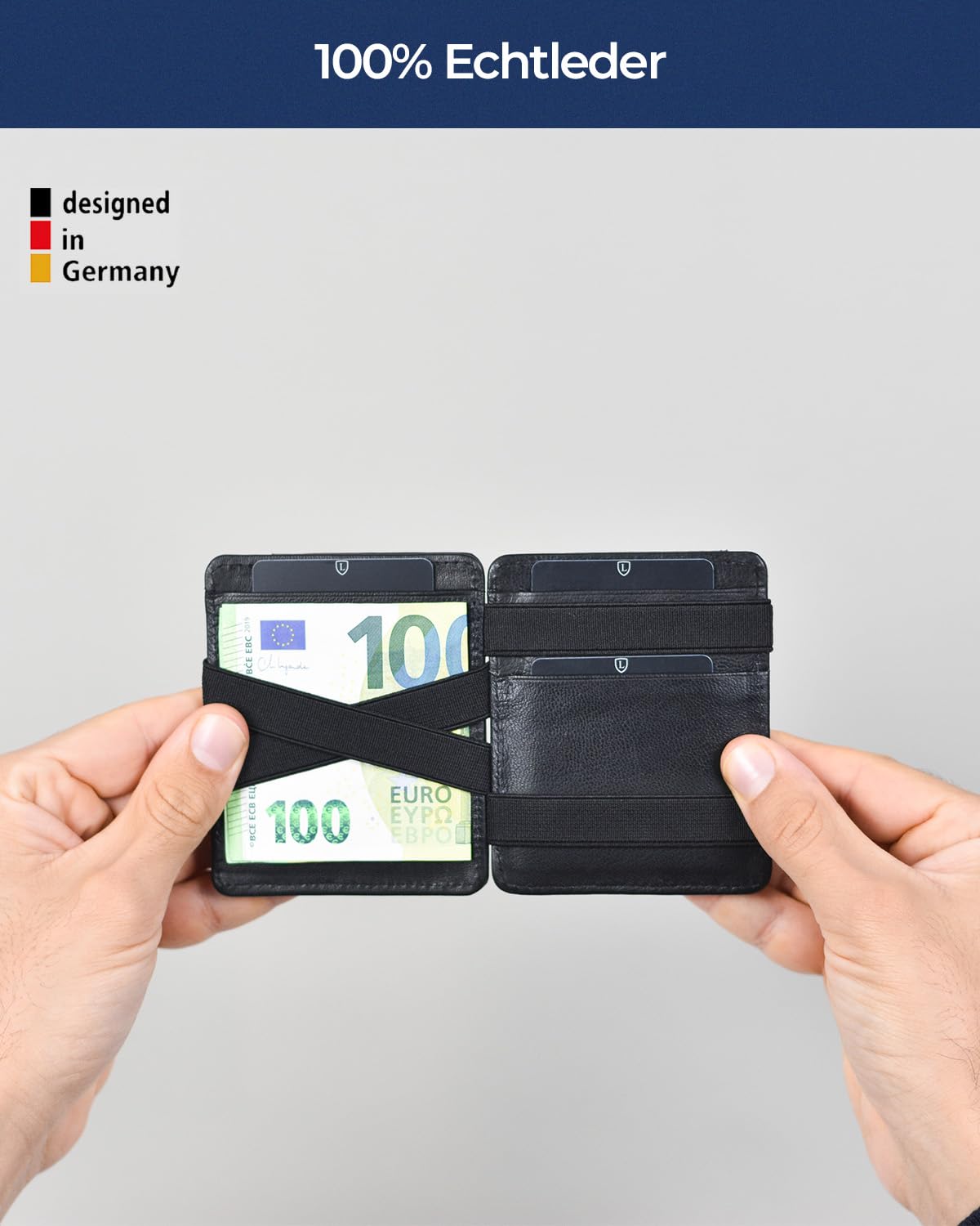 Lederhand® Magic Wallet – Echt Nappaleder Geldbörse handgemacht für Herren und Damen flaches Portemonnaie mit Münzfach und Platz für 8 Karten | Farbe Schwarz