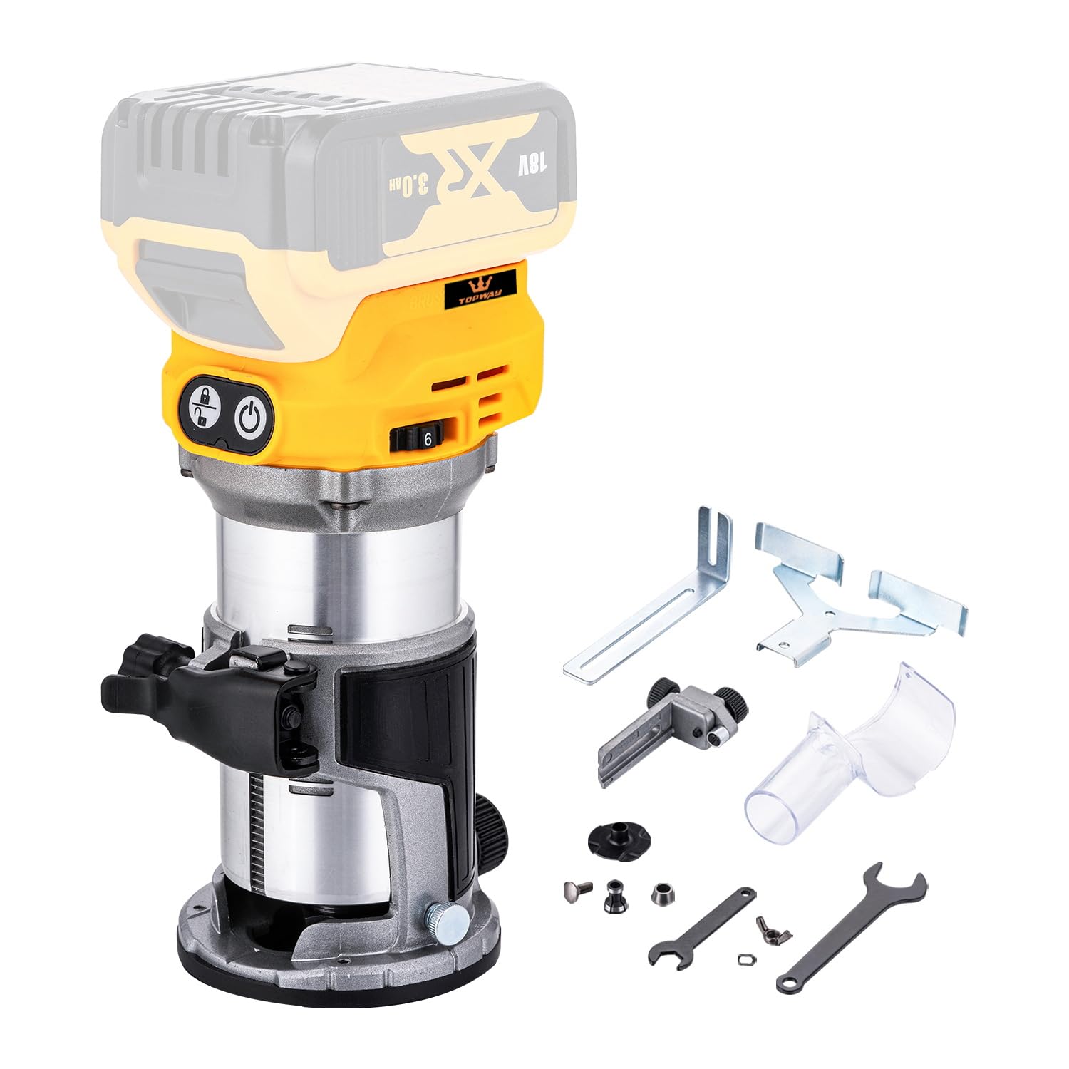 TOPWAY Bürstenloser kabelloser Handfräser für Holzschneider, 18 V, kompatibel mit DEWA.. DCB184 Akku, variable Geschwindigkeit, Aluminiumbasis, 3 Spannzangen (1/4 Zoll, 6 mm, 8 mm), keine Batterie