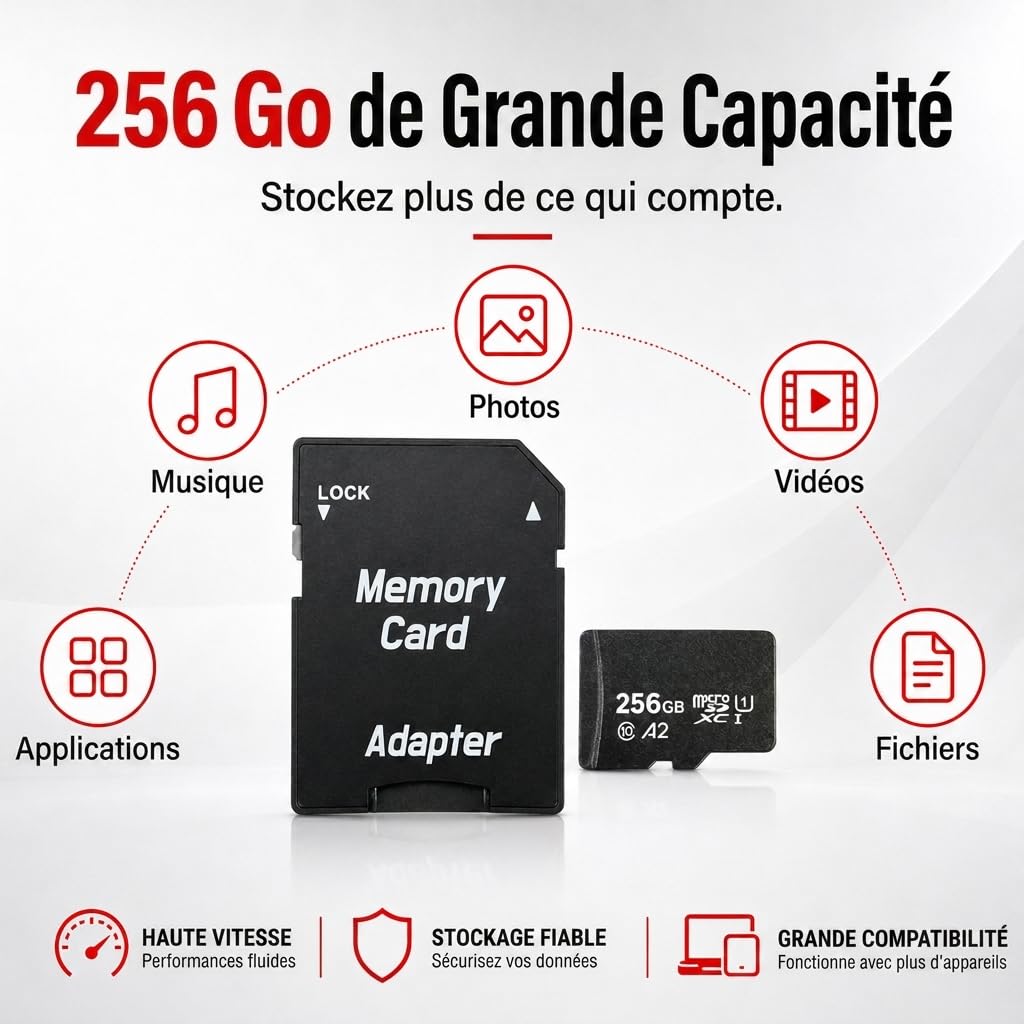 Memory Card Carte Micro SDXC 256 Go Haute Vitesse (A2, U1, V30, Classe 10) avec Adaptateur SD – Carte mémoire pour Appareil Photo, téléphone, Tablette, Switch, vidéo
