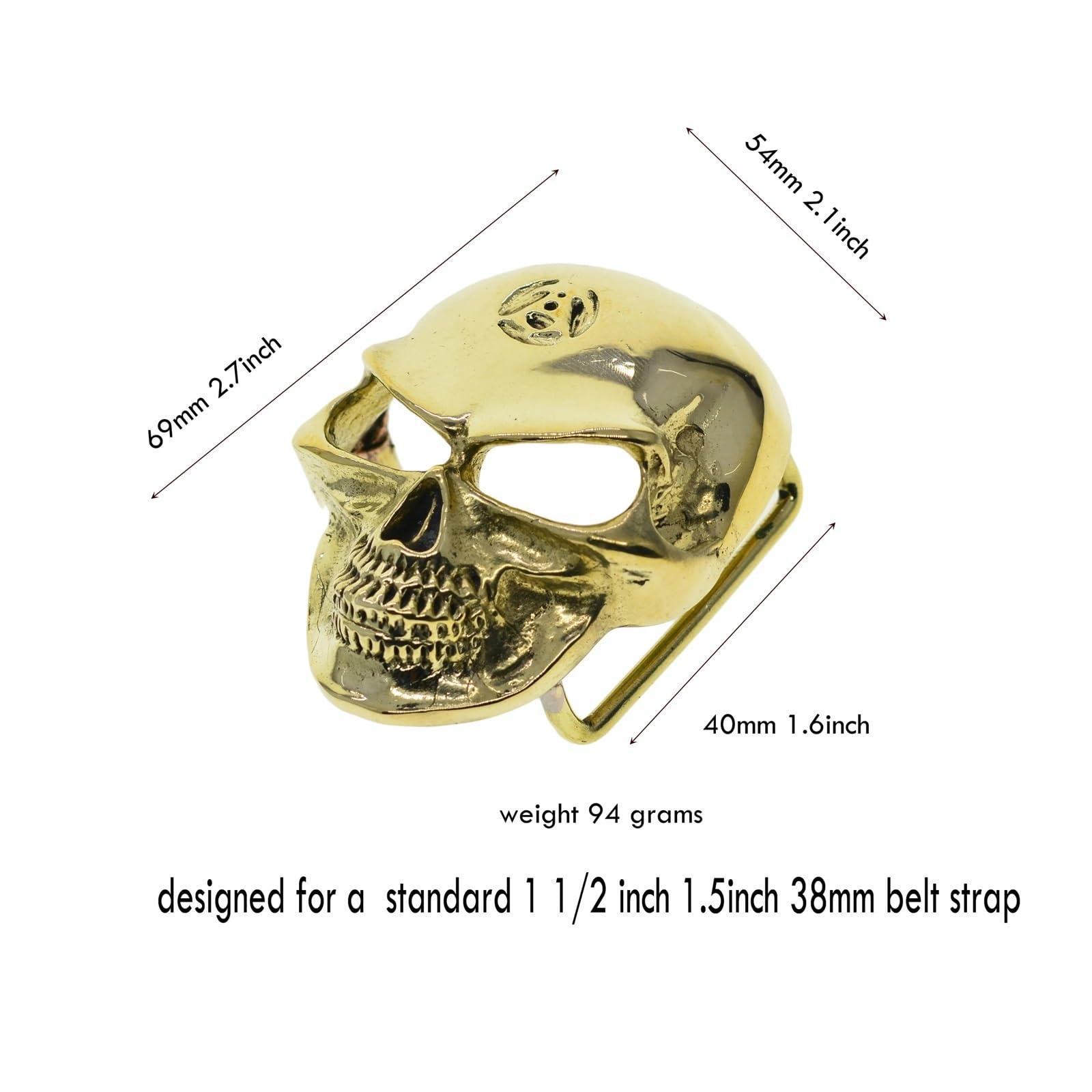 Hebillas Cinturon Hebilla de cinturón latón macizo vintage con diseño calavera 3D pulida a espejo 1,5 pulgadas para Reemplazo
