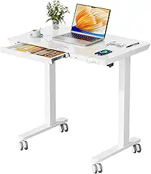 JYLH JOYSEEKER Mesa de vidro pequena com gaveta, mesa de suporte elétrica de 80 cm x 50 cm, mesa com altura ajustável com armazenamento e portas USB, mesa de computador de escritório doméstico de
