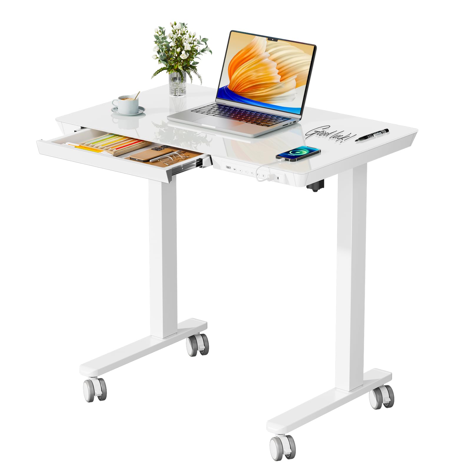 Photo 1 of **sold as is no refund/return**
JYLH JOYSEEKER Glass Electric Standing Desk with Drawer, 31.5" x 20" Whole Piece Small Sit Stand Table, Height Adjustable Desk with Storage & USB Ports, Quick Install Home Office Computer Desk, White