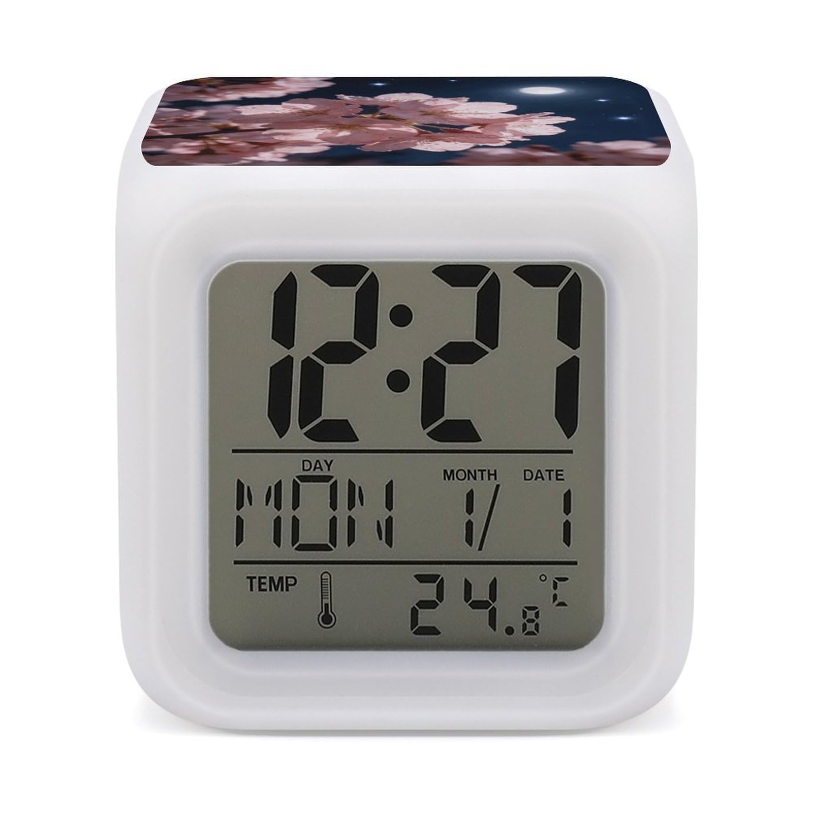 LZQPOEAS Star Cherry Alarm Clock with 7 Color Changing Nightlight for Bedroom Calendar Temperature Display Wake Up Digital Clock Small Desk Clocks for Heavy Sleepers Adults