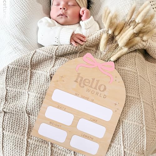 Image of Bow Baby Birth Announcement Sign-Wooden Milestone Card, Hello World Sign, Nursery Decor, Birth Announcement Board, Decorative Photo Props Baby Shower, and Souvenirs