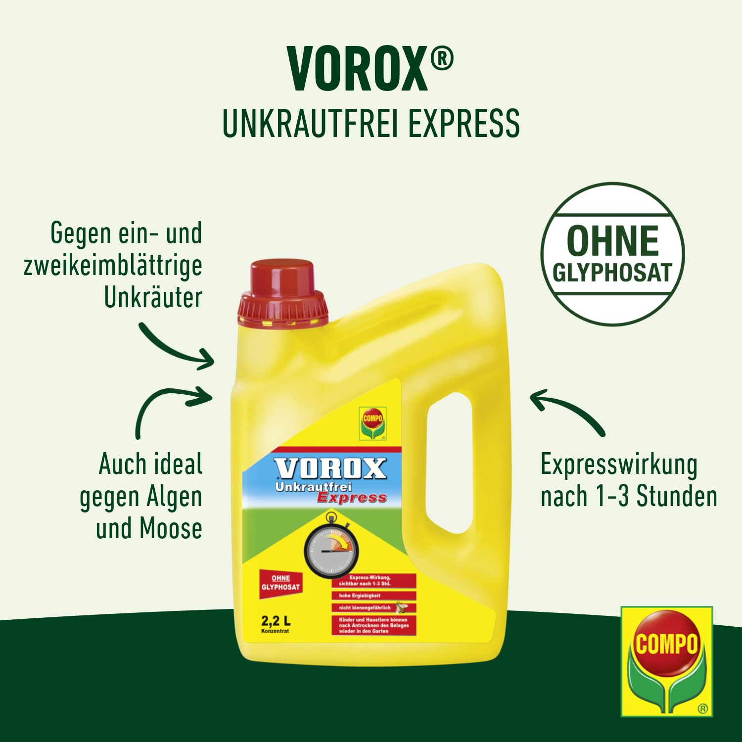 VOROX Unkrautfrei Express - Bekämpfung von Unkräutern an Zierpflanzen, Obst und Gemüse, wirkt gegen Algen, Moos und mehr als 50 Unkräuter - 2,2L Konzentrat - 4,85 Pfund