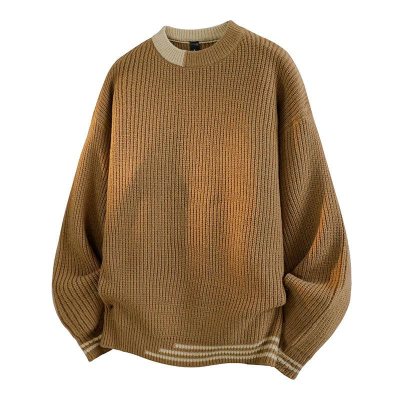 Pull homme tricot chaud col rond manches longues hiver patchwork
