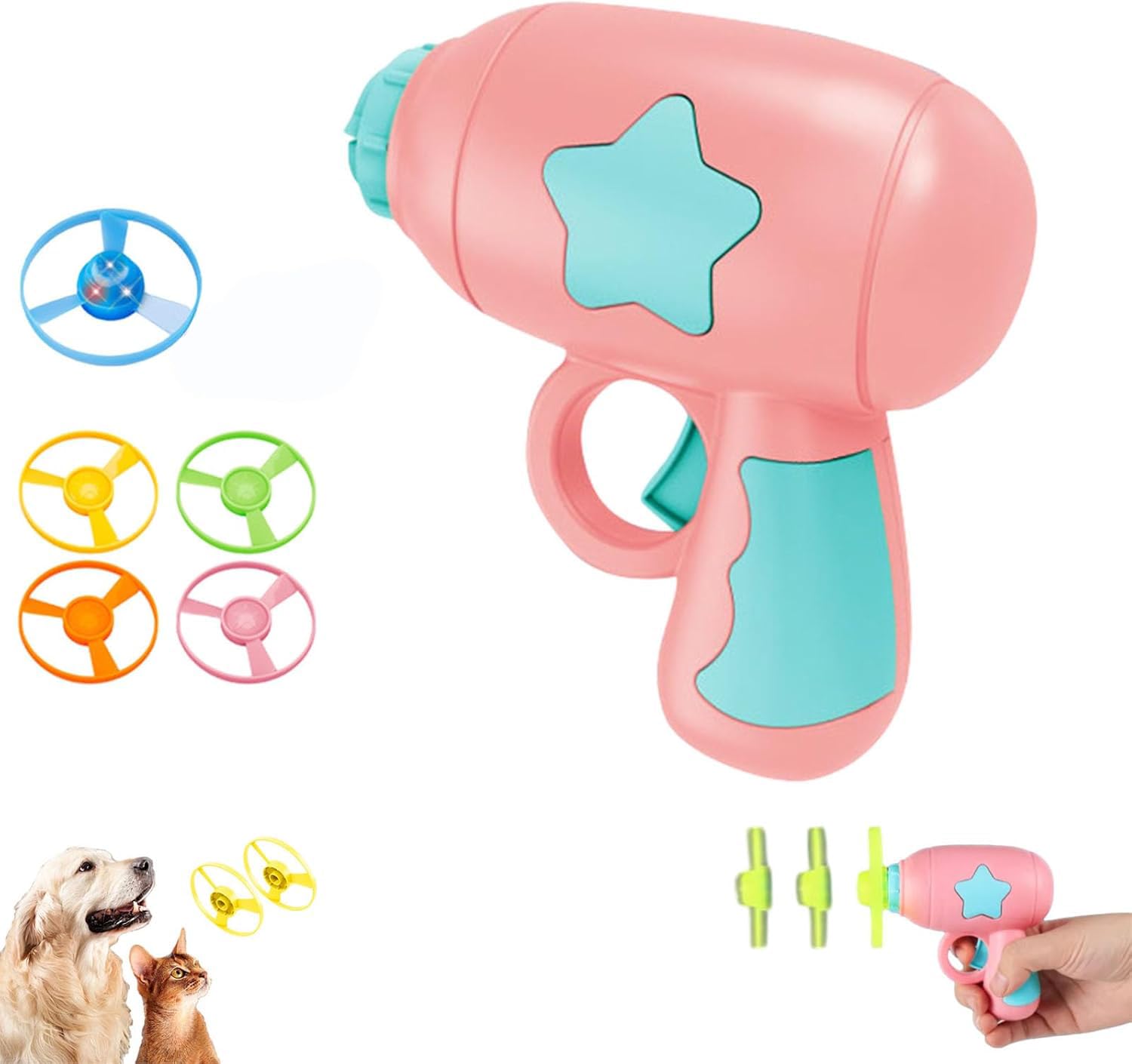 Cat Toy Launcher, Interactive LED Flying Disc Cat Fetch Toy, Propeller Bamboo Dragonfly Catapult Pistol Saucer Blaster Set for Indoor Outdoor Cats Training and Chasing (Blue) — view 7