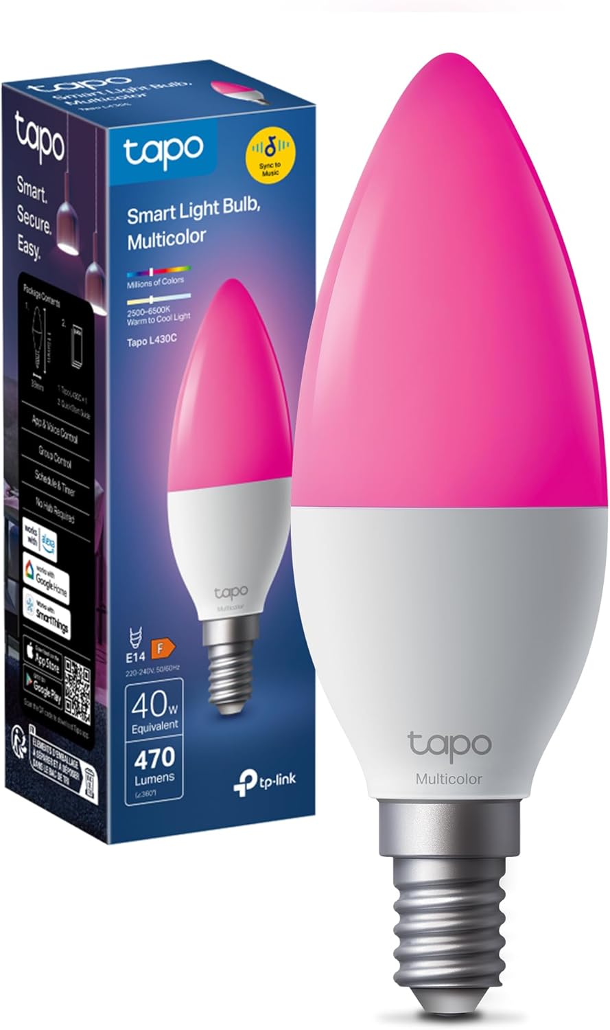 Tapo L430C Lampadina Alexa E14 Multicolore e Dimmerabile a Doppio Strato, 2500-6500K, Sync-to-Music,Illuminazione Automatica del Bioritmo, Programazio