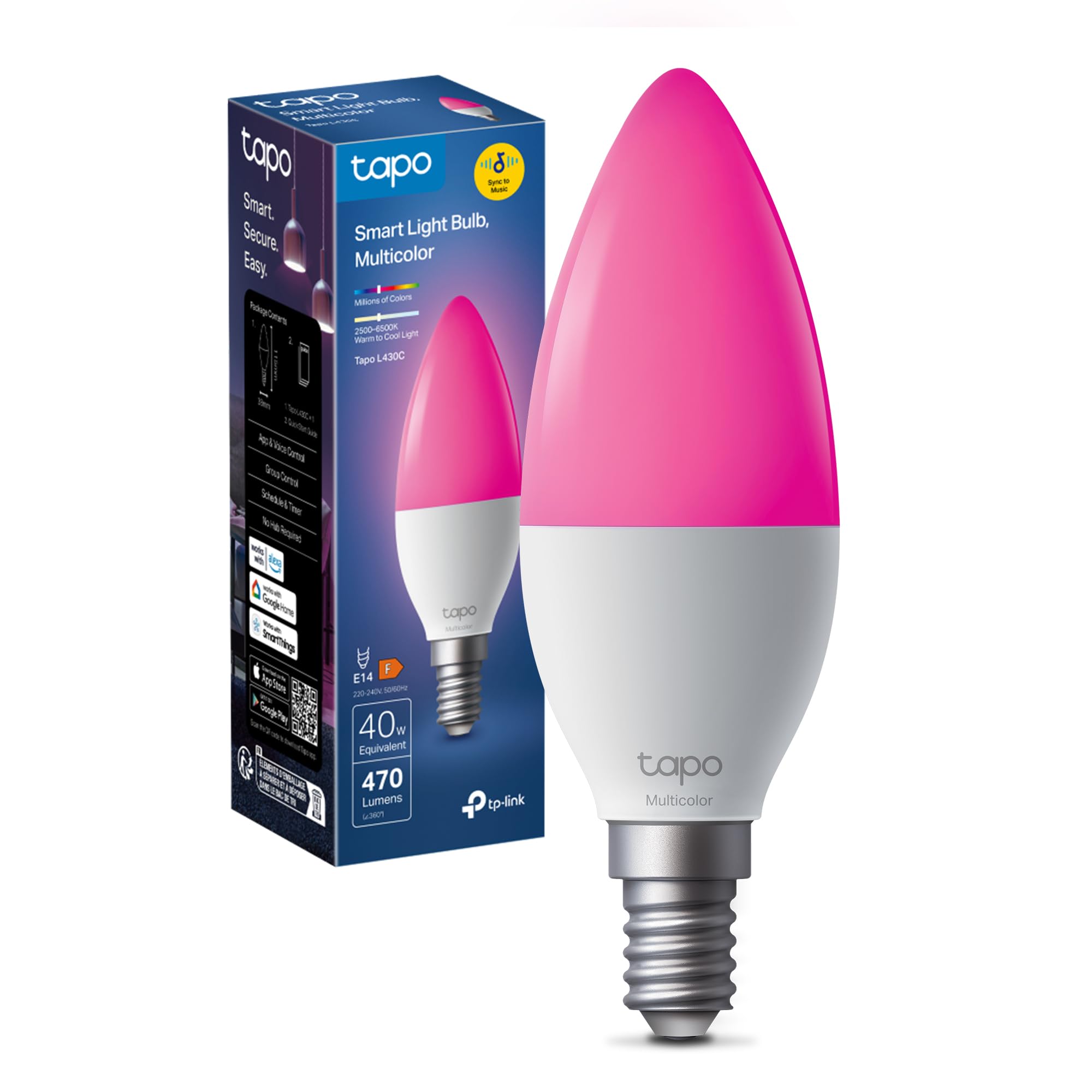 Tapo L430C Lampadina Alexa E14 Multicolore e Dimmerabile a Doppio Strato, 2500-6500K, Sync-to-Music,Illuminazione Automatica del Bioritmo, Programazione & Timer,Compatibile con Alexa e Google