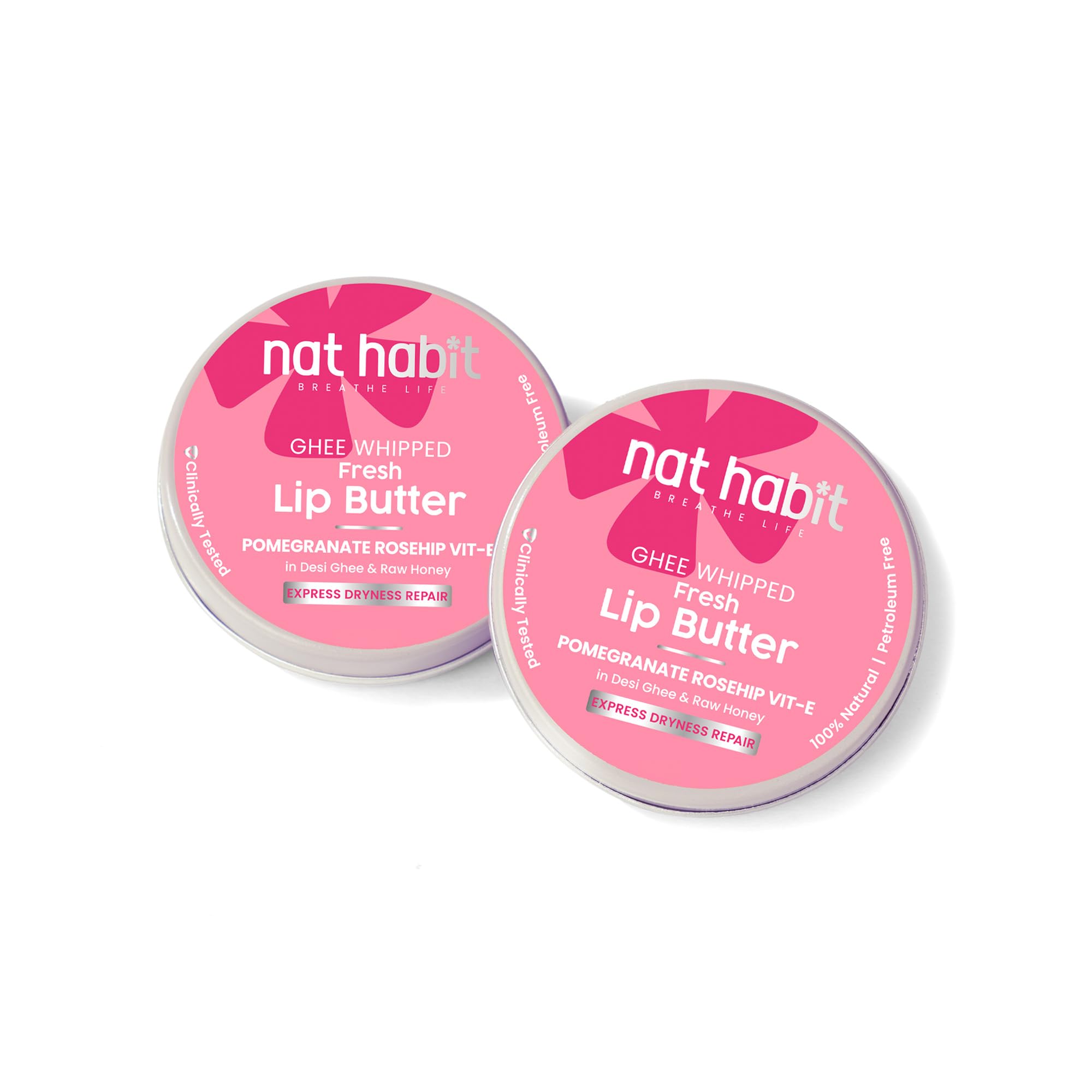 Nat Habit Lip Balm Fresh Infused Pomegranate Rose, Lip Butter With Desi Ghee & Raw Honey, Pack of 2 x 10g