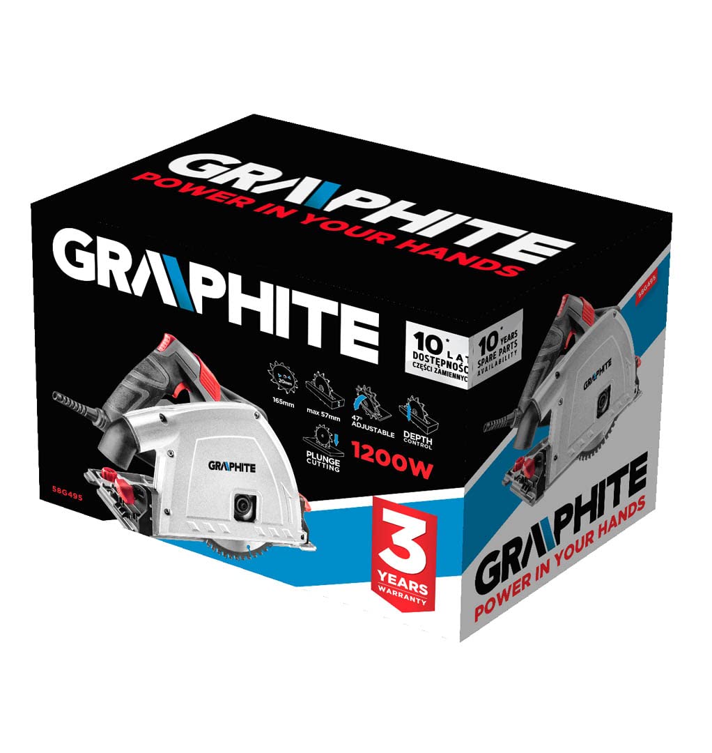 GRAPHITE Piła tarczowa 1200 W, tarcza tnąca 165 x 20 mm, prędkość obrotowa 2200-5200 min¹, zakres cięcia ukośnego 0-47°, głębokość cięcia 57/52 mm, wyświetlacz laserowy, 4,6 kg, klucz imbusowy
