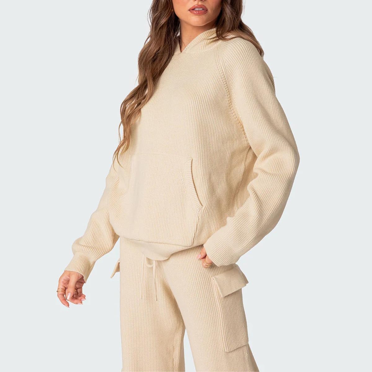 LANGWEI Conjunto Deportivo Para Mujer Ropa De Calle De Punto Cálido Conjunto De 2 Piezas Suéter Con Capucha Pantalón De Pierna Ancha Con Bolsillos