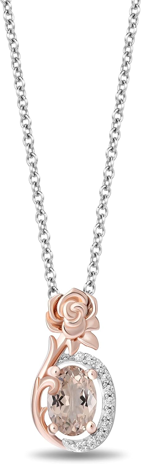 Jewelili Enchanted Disney Fine Jewelry Sterling Silver and 10K Rose Gold with 1/20 CTTW Diamond and Manganite Aurora Rose Pendant Necklace