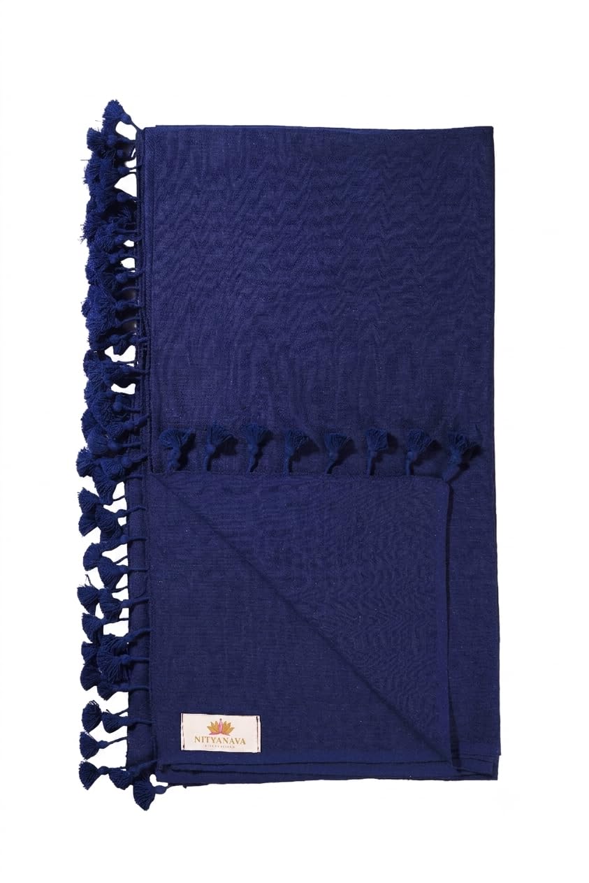 nityanava Meditation Shawl for Men and Women | Organic Kala Cotton Ajrakh Shawl, Large Yoga Wrap & Handwoven Scarf with Tassels | Ideal for Pooja, Chanting, and Spiritual Practices - 1 Piece, Blue (SHOBHA)-picture-31