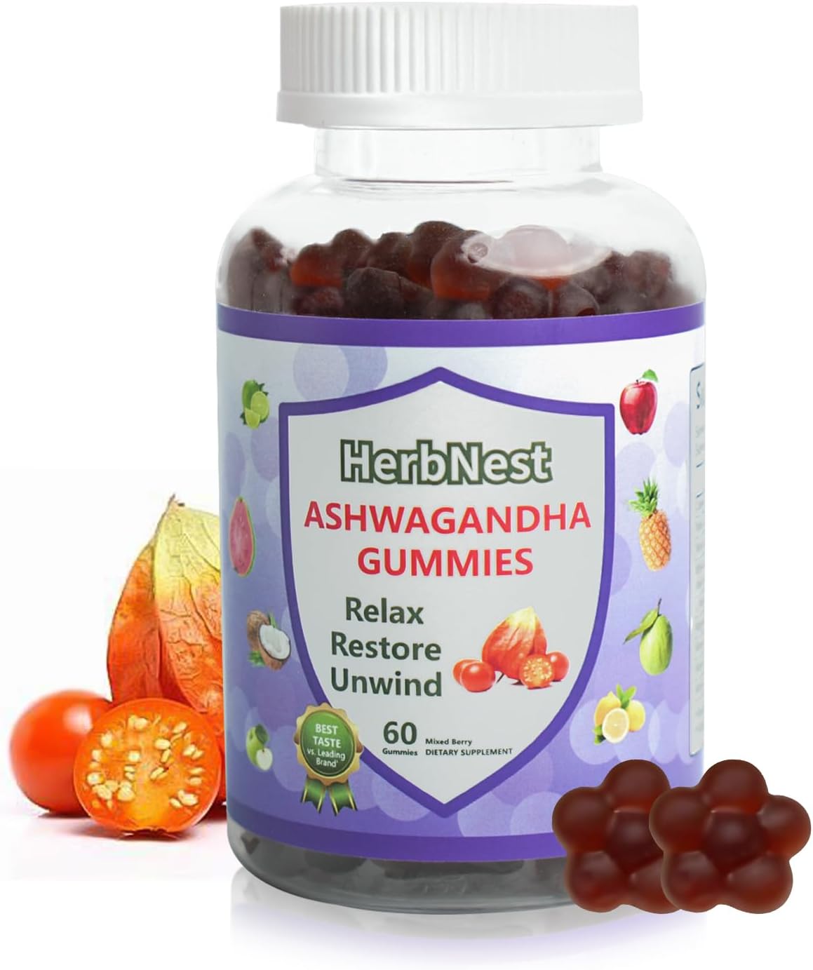 Organic Ashwagandha Gummies with Vitamin D3 - Stress Relief & Immune Support, Vegan Non-GMO, Gluten Free, Mixed Berry Flavor (60 Count)