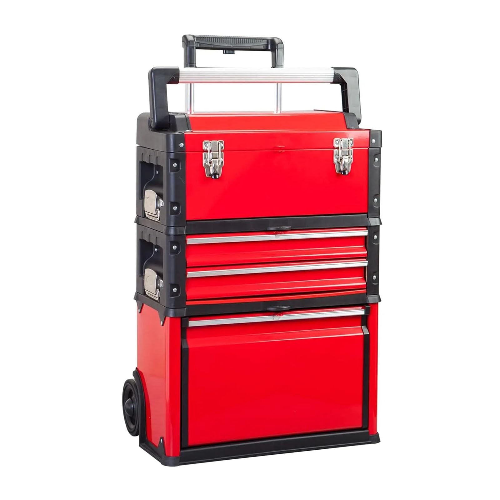 Fzl02068lm Red Tool Case Stackable Portable Metal Tool Box Organizer With Wheels And 2 Drawers, Rolling Upright Trolley Chest Storage Solution(Red)